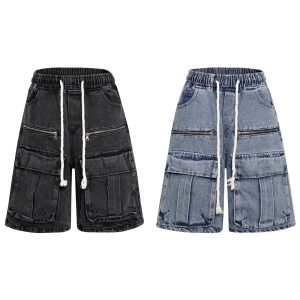 Washed Distressed Multi-pocket Elastic Waist Denim Shorts